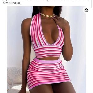 NWOT Women’s 2 Piece Halter Set With Skirt Pink & White